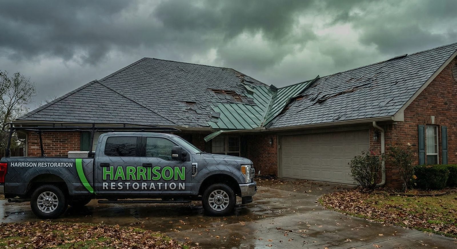 Ozark Mountain Wind Damage crew repairing storm-damaged roof