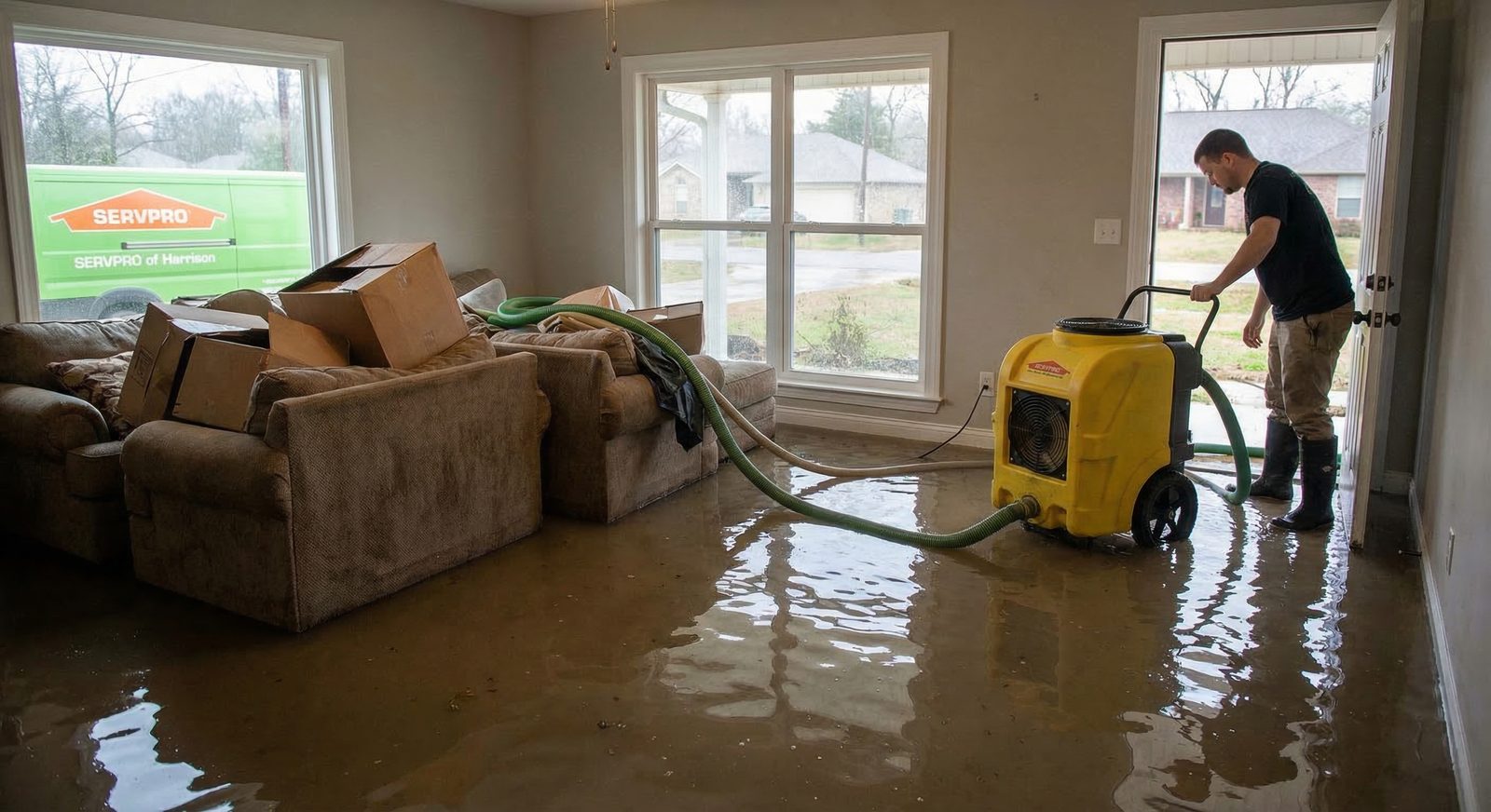 Emergency storm damage requiring tarping and board-up in Harrison, AR