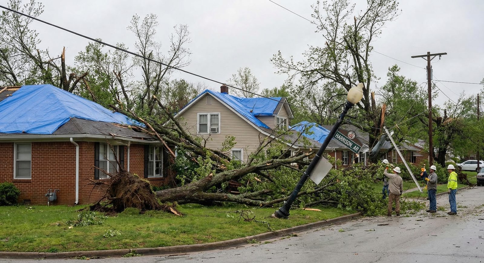 Storm tree damage requiring professional removal and roof repair in Harrison, AR